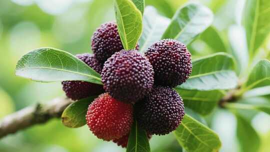 枝头成熟杨梅特写