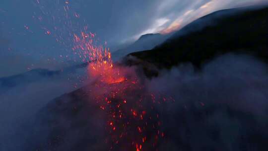 火山喷发红色岩浆飞舞的震撼场景