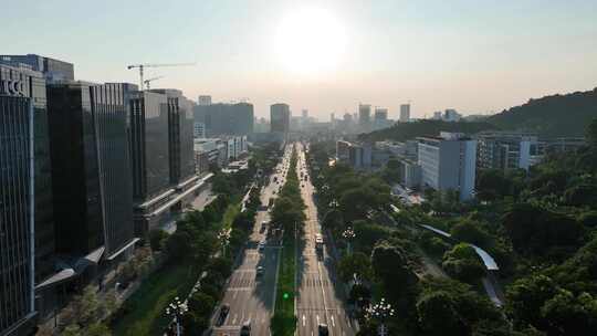 阳光道路航拍开创大道建筑风光城市交通车流