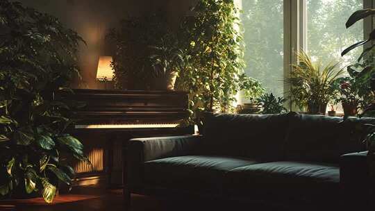 室内绿植环绕的沙发与钢琴场景