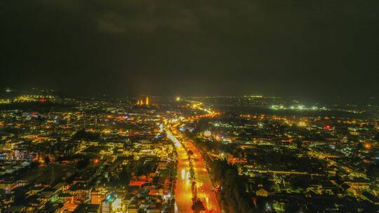 云南大理古城夜景航拍延时