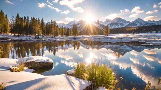 雪山森林湖泊阳光风景