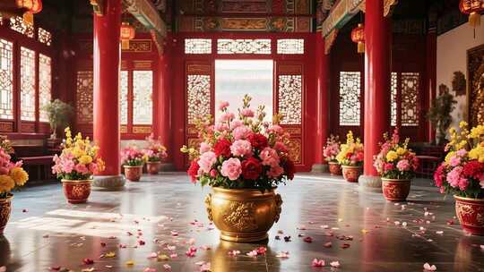 古建筑室内花卉盆栽场景