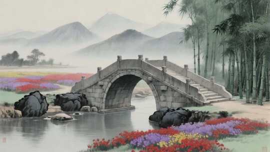 中式山水石桥竹林风景