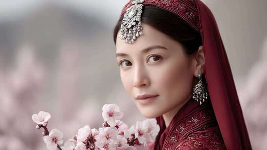 红衣民族少女与樱花相映成画