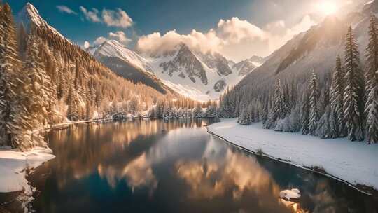 冬日雪山森林湖泊美景