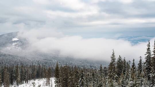 4K冬日冬季滑雪雪景雪山树林湖面云彩