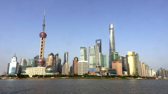 上海黄浦江畔的东方明珠塔及建筑群