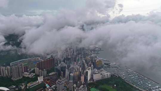 香港维多利亚港CBD中环日出高空航拍