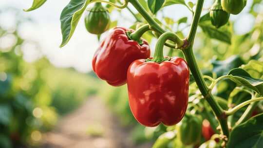 枝头成熟的红辣椒特写