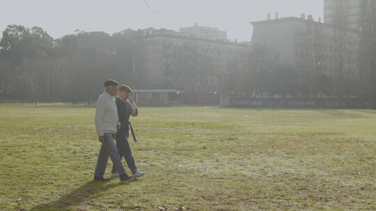 老年夫妇在城市公园散步视频素材模板下载