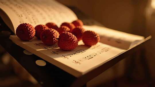 音符乐谱上的荔枝特写