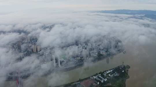 合集 航拍城市长江日出平流雾