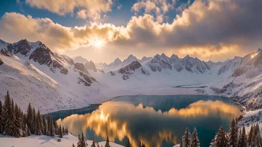 雪山湖泊日出美景