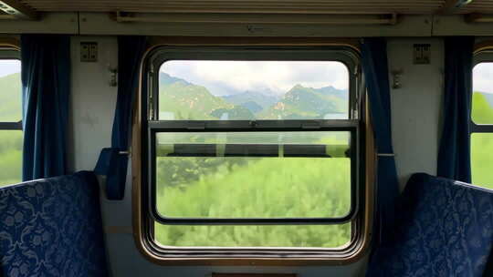 火车车厢内窗外自然风光