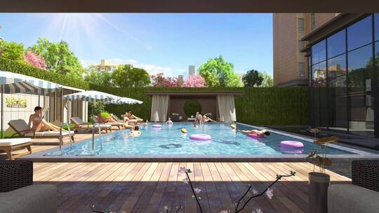 小区超大游泳池景观三维动画视频素材模板下载
