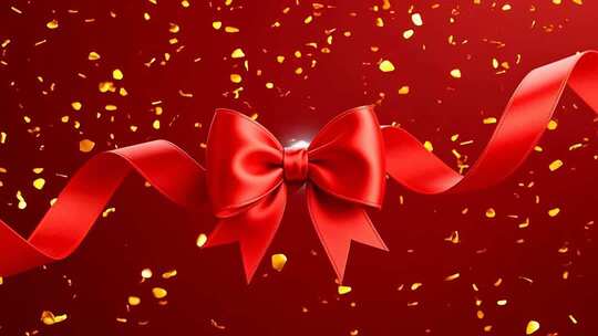 红色绸带蝴蝶结金色彩屑素材