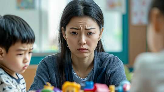 年轻女教师望着身旁的孩子们神情担忧