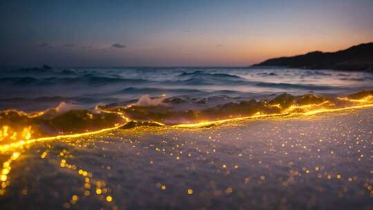 海滩金色粒子海浪黄昏景象