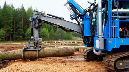 蓝色挖掘机搬运木材素材