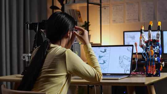 青少年亚洲女孩在家里的笔记本电脑上设计机器人手时头痛的后视图