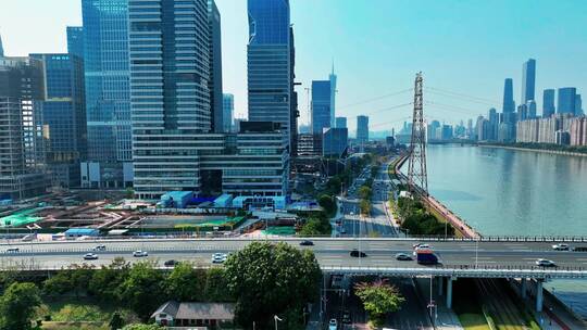 视频多镜头组合航拍广州琶洲建筑交通