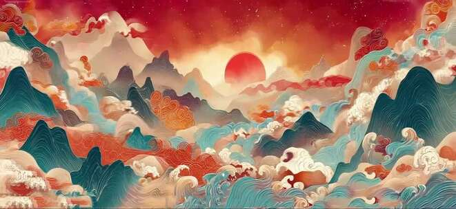 古风山水云海红日背景素材