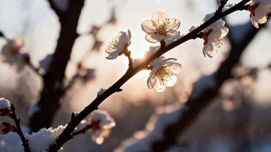 枝头覆雪花朵特写