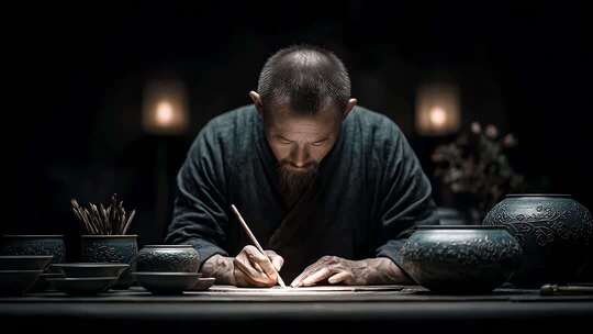 唐朝书法家挥毫泼墨创作水墨画