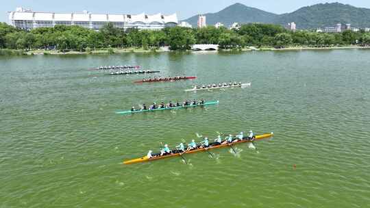 航拍南京玄武湖公园水上运动，赛艇比赛