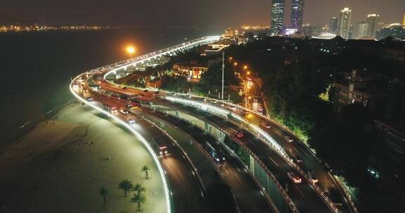 航拍夜晚海滨城市厦门海边公路