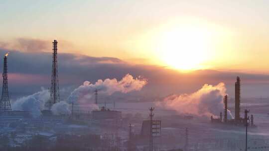 石油化工厂冬季烟雾排放大气壮观航拍