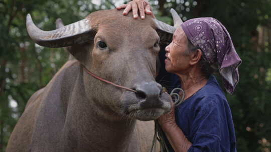 老人亲吻抚摸自己的水牛，动物和谐相处
