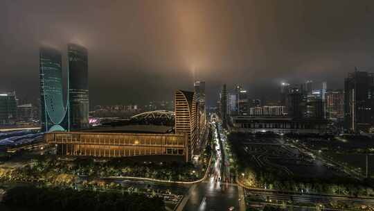 杭州奥体中心 杭州之门 云海 夜景 延时