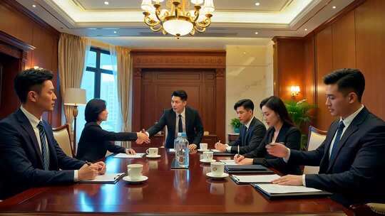 商务人士会议室握手洽谈