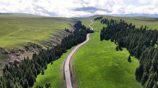 喀拉峻大草原车辆在公路上行驶航拍