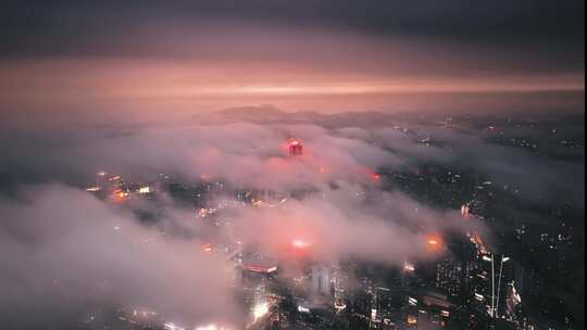 广州塔暴雨后平流雾穿云夜景航拍4K视频