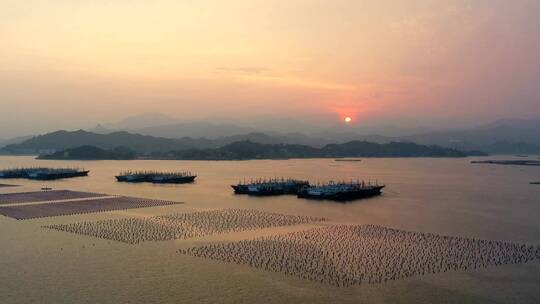 4K拍摄港口的渔船休渔夕阳下的休息的渔船