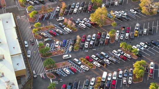 大型停车场，有许多停放的汽车超级购物中心