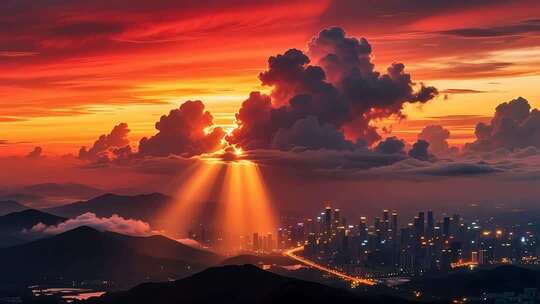 航拍落日晚霞延时 云 丁达尔效应4K