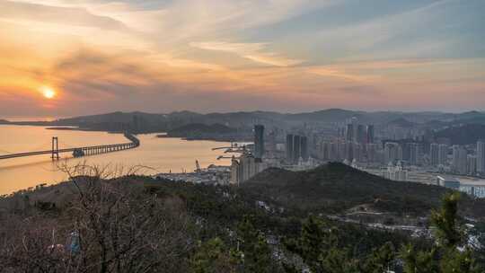 8k辽宁大连莲花山星海湾都市日转夜晚霞延时