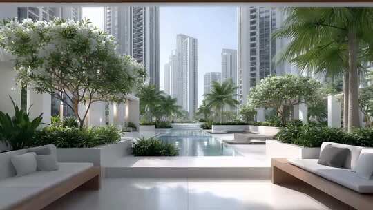 现代城市景观泳池绿植建筑群