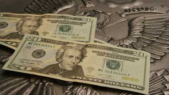 美国鹰盾背景上美国纸币的旋转镜头-MONEY 0392视频素材模板下载