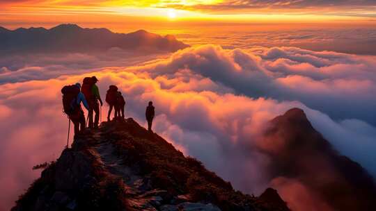 登山者山顶观日出云海