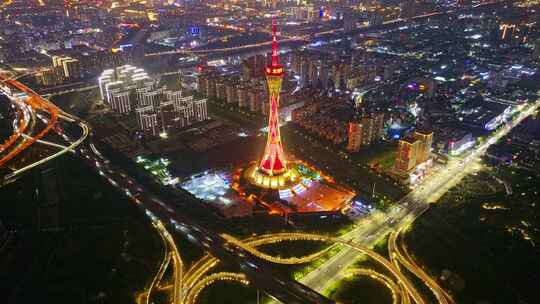 中国河南郑州中原福塔夜景航拍