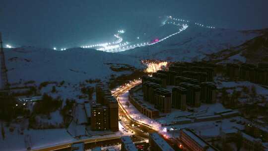 阿勒泰市 将军山滑雪场夜景风光航拍 新疆