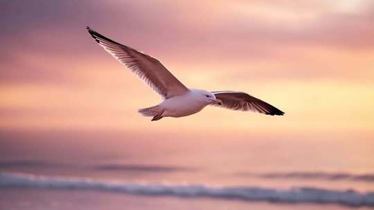 夕阳下海鸥飞翔于海面