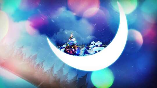 蓝色背景一轮弯月中的圣诞树七彩斑斓