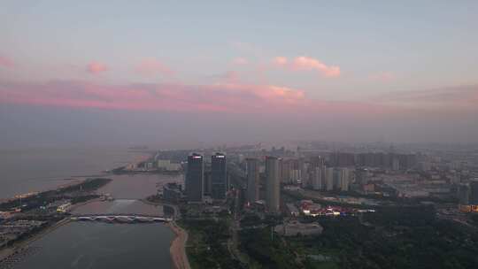 山东日照城市夕阳晚霞日落航拍