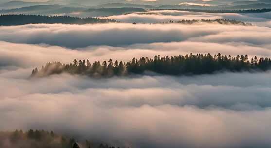 森林云海阳光山峰云雾大自然树林丁达尔效应